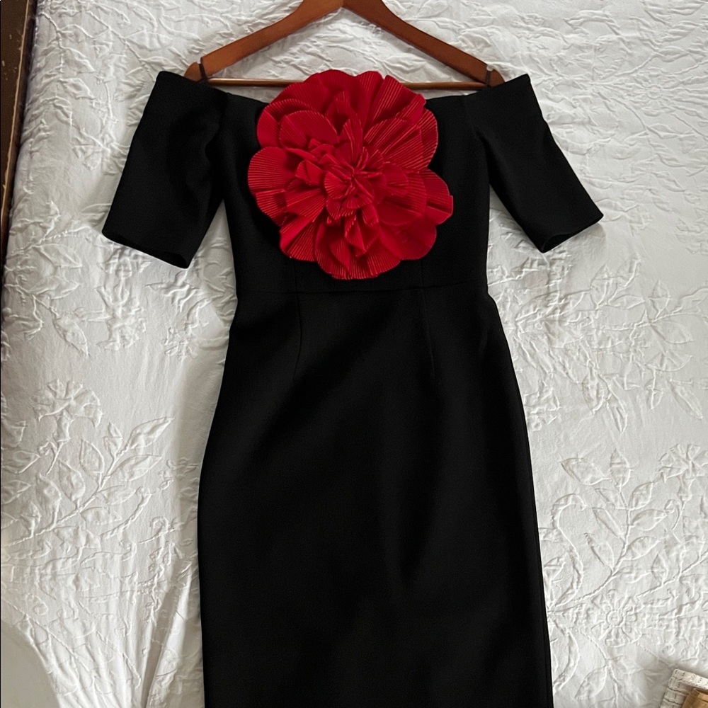 Rebecca Vallance Black Dress with Red Floral Detail